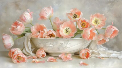 Obraz na płótnie Canvas a painting of pink tulips in a white bowl with a white cloth on the side of the bowl.