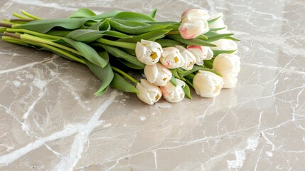 a bunch of tulips sitting on top of a marble counter top next to a bunch of green leaves.