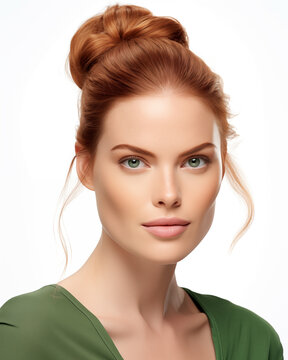 Portfolio shot of woman in green with high bun hairstyle