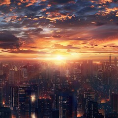 Dramatic clouds over city with sunset backdrop - The dense clouds break to reveal a sunset over a bustling city, evoking feelings of majesty and change