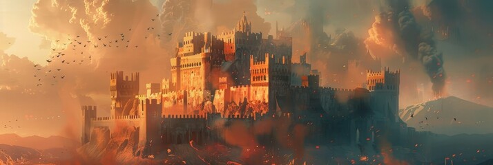 Fantastical castle amidst fiery skies - Imaginative depiction of a grand castle standing tall amid dramatic fiery skies and landscape - obrazy, fototapety, plakaty