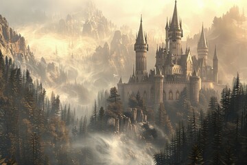 Fantasy Castle in Misty Forest Landscape Art - A mystical castle amidst a mist-shrouded forest, invoking a sense of magic, wonder, and ancient tales - obrazy, fototapety, plakaty