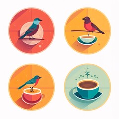 Coffee and birds icons set. Flat design. Vector illustration