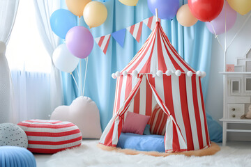 Naklejka premium Stripes tent of circus children's room for show and childish entertainment. Circus canopy performance at home