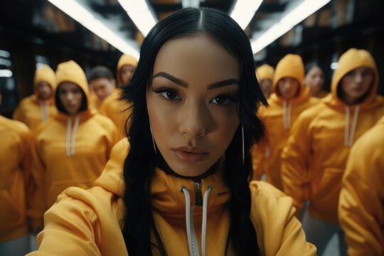 A woman in a yellow hoodie posing for a picture