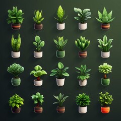 Set of green houseplants in pots isolated on black background. Vector illustration.