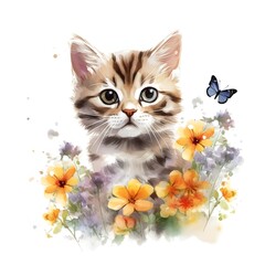 Watercolor Cute Kitten Clipart With Flowers - 765156699