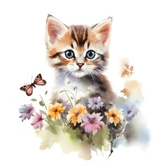 Watercolor Cute Kitten Clipart With Flowers - 765156868