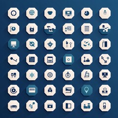 Set of business flat icons on the blue background. Vector illustration.