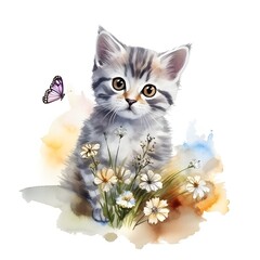 Watercolor Cute Kitten Clipart With Flowers - 765157012