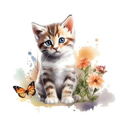 Watercolor Cute Kitten Clipart With Flowers - 765157091