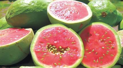 a pile of watermelon sitting on top of a pile of cut up pieces of a watermelon.