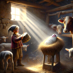 A little drummer boy with curly hair plays a drum beside a newborn lying in a manger, surrounded by farm animals with sunlight streaming through a barn window 