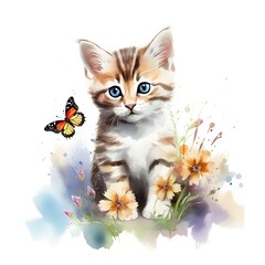 Watercolor Cute Kitten Clipart With Flowers - 765157296
