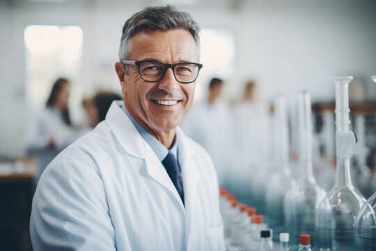 A man in a lab coat standing in front of bottles