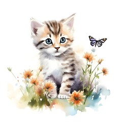 Watercolor Cute Kitten Clipart With Flowers - 765157441