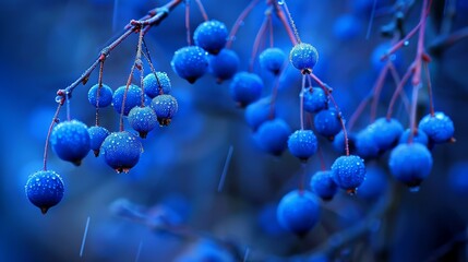 a bunch of blue berries hanging from a tree with drops of water on them and some red stems in the foreground. - obrazy, fototapety, plakaty