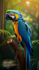 a blue macaw bird on a tree branch, in the background of the Amazon jungle сreated with Generative Ai
