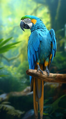 a blue macaw bird on a tree branch, in the background of the Amazon jungle сreated with Generative Ai