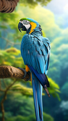 Obraz premium a blue macaw bird on a tree branch, in the background of the Amazon jungle сreated with Generative Ai