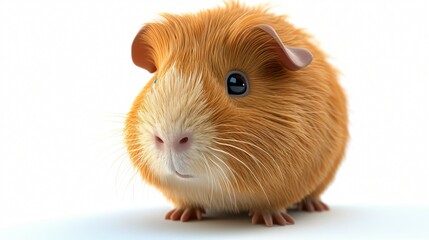 A cute and cuddly guinea pig with orange fur and big blue eyes is sitting on a white background.