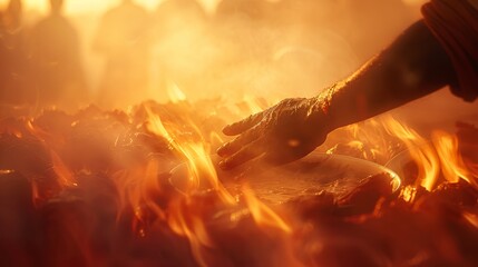 a close up of a person's hand reaching for a hot dog in a frying pan over a fire. - obrazy, fototapety, plakaty