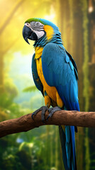 Obraz premium a blue macaw bird on a tree branch, in the background of the Amazon jungle сreated with Generative Ai