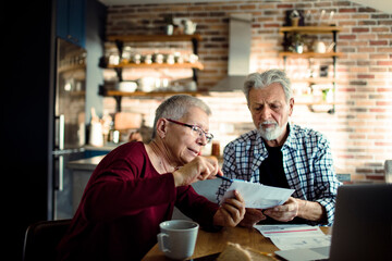Senior partners discussing bills at home