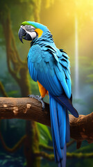 Obraz premium a blue macaw bird on a tree branch, in the background of the Amazon jungle сreated with Generative Ai