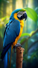 Obraz premium a blue macaw bird on a tree branch, in the background of the Amazon jungle сreated with Generative Ai