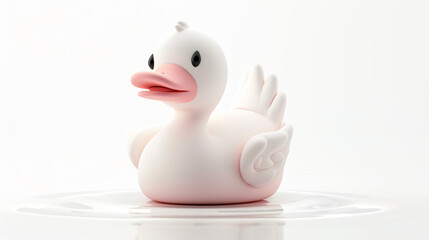Cute and simple 3D rendering of a white rubber duck floating on water. The duck has a pink beak and black eyes. - obrazy, fototapety, plakaty