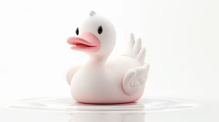 Foto op Canvas Cute and simple 3D rendering of a white rubber duck floating on water. The duck has a pink beak and black eyes. © Nijat