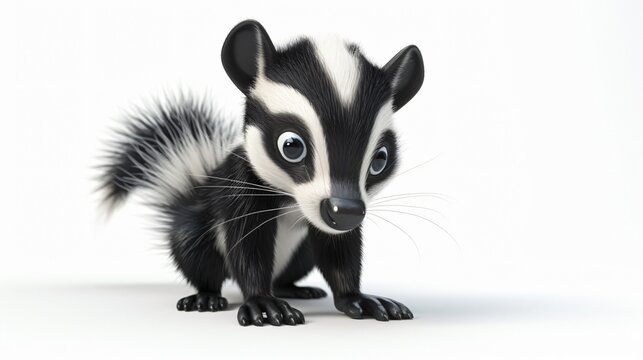 A cute baby skunk with big blue eyes and a fluffy tail is sitting on a white background. It is looking at the camera with a curious expression.