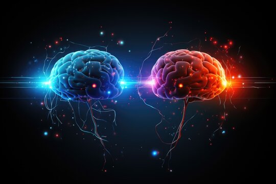 Two human brains with glowing connections, suitable for medical and technology concepts