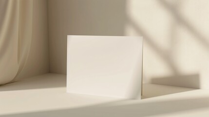 A blank greeting card sits on a solid color background. The card is off-center and there is a curtain on the left edge of the frame.