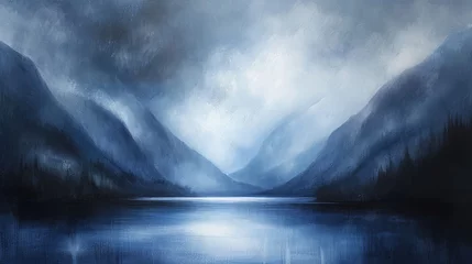 Foto op Canvas a painting of a lake in the middle of a mountain range with a dark sky and clouds in the background. © Alice
