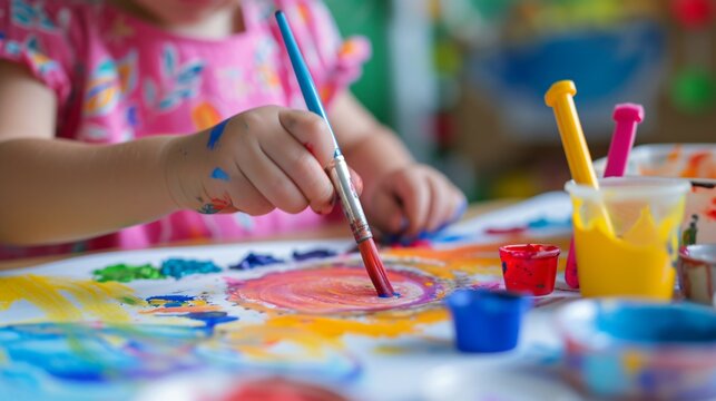 Little girl painting with bright colors on a white canvas. The child is wearing a pink shirt and has paint on her hands.