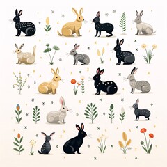 Set of cute bunnies with flowers and plants. Vector illustration.