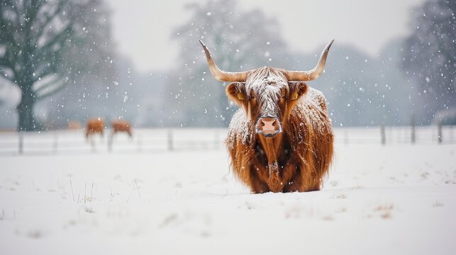 a yak standing in a snowy field with other yaks in the background and trees in the foreground.