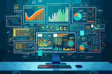 Harnessing the power of data science, businessman studying analytics dashboard with key performance indicators (KPIs) and metrics to drive growth and profitability. - obrazy, fototapety, plakaty