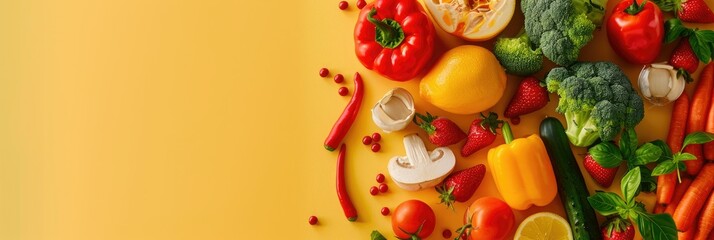 Fresh produce arranged on a vivid yellow surface - Bright collection of fruits and vegetables artistically arranged on a yellow background for a fresh, healthy display