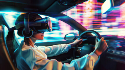 With an aura of neon blue and pink, a young adult takes part in a virtual reality driving experience inside a car