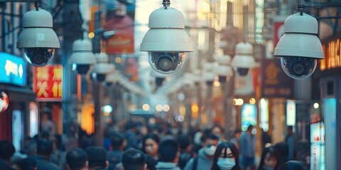 Crowded city street with surveillance camera scanning faces for data collection and analysis. Concept City Life, Surveillance Technology, Privacy Concerns, Facial Recognition, Data Collection - obrazy, fototapety, plakaty