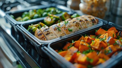 A fitness-focused meal prep scene with containers filled with grilled chicken breast, Brussels sprouts, and sweet potatoes, arranged on a kitchen counter for a week of healthy eating