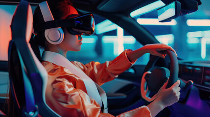 Fototapeta na wymiar The image depicts a person immersed in a virtual driving session with arresting neon illumination inside a car