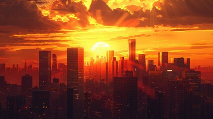 Golden sunset lighting up a modern city - A warm golden sunset casts light on a city skyline, symbolizing endings and the urban life cycle - obrazy, fototapety, plakaty