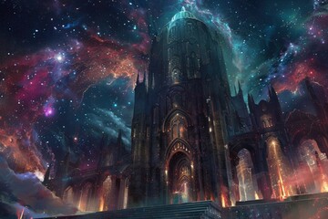 Gothic cathedral glowing in an interstellar expanse - Fantasy digital art featuring an imposing gothic cathedral glowing with warm lights set against a dynamic interstellar expanse - obrazy, fototapety, plakaty
