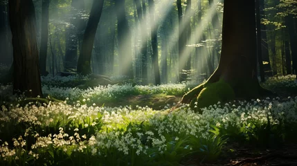 Fotobehang Dappled sunlight kisses the forest floor, where spring snowflakes stand like sentinels. Their bell-shaped blooms sway in the breeze, a chorus celebrating the changing season. The air carries their sub © Hasnain Arts
