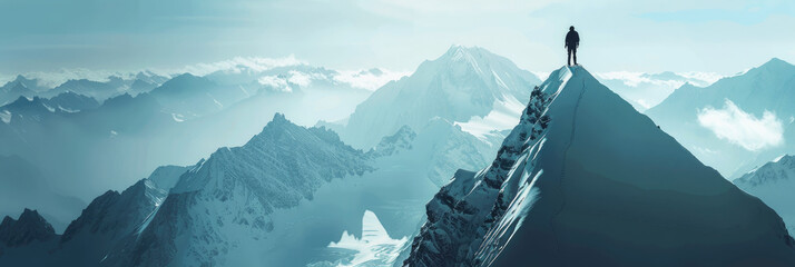 Man standing on snowy mountain peak panorama - A lone man stands contemplating on a snowy mountain peak with a panoramic view of the majestic mountain range - obrazy, fototapety, plakaty