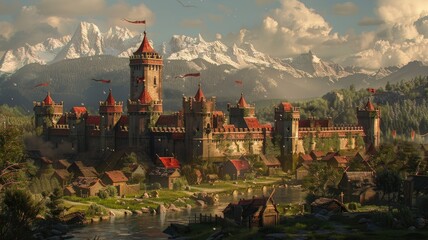 Medieval castle in a fantasy landscape - Stunning fictional scene of a medieval castle amidst mountains, evoking fantasy - obrazy, fototapety, plakaty